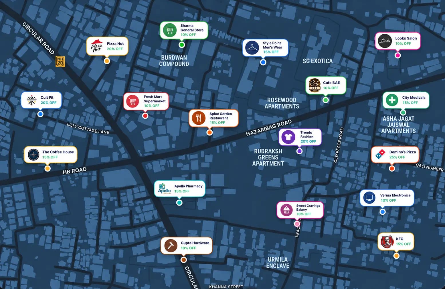 SpotsHunt map view showing nearby business offers